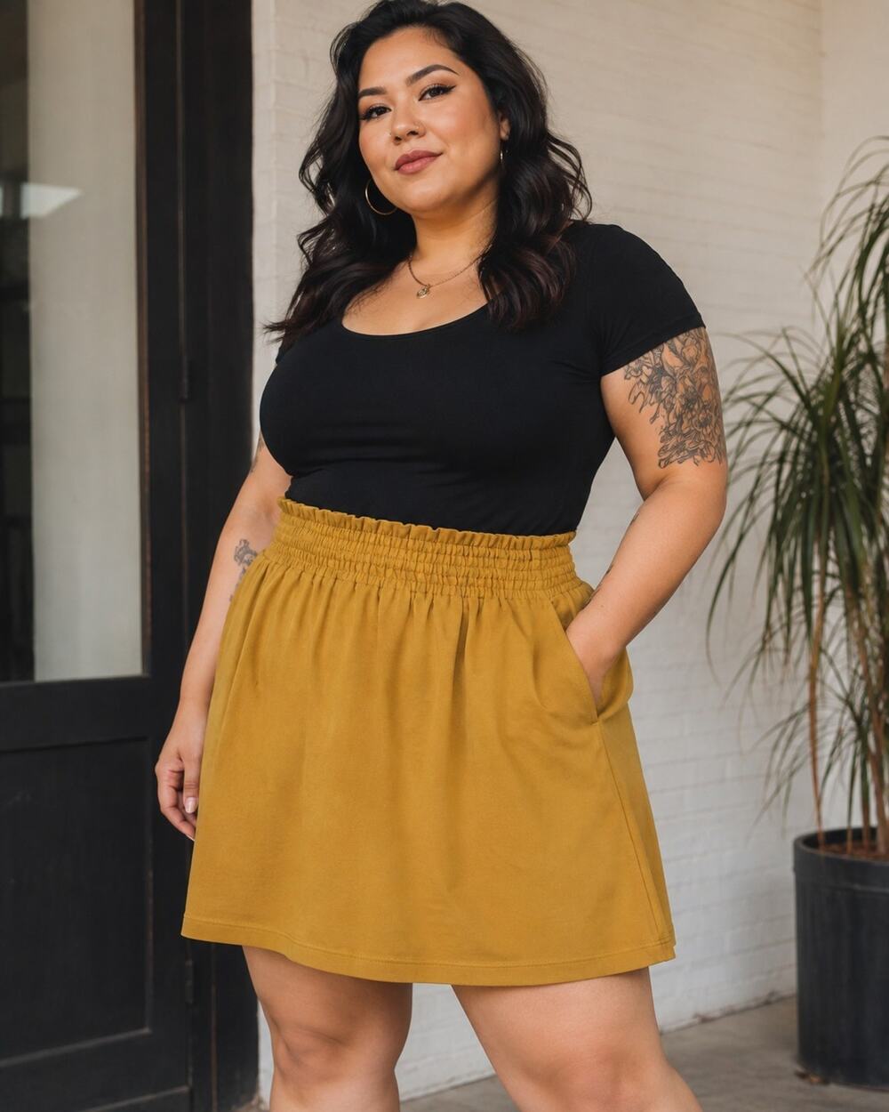 Tulip B Mustard A-Line Skirt XL Pull On Stretch Smocked Waist Lined